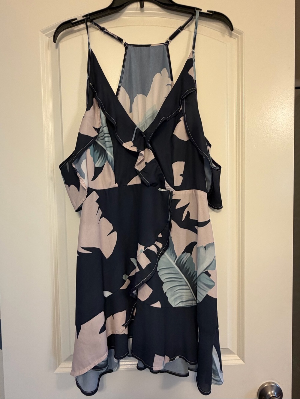 Women's Navy Floral Ruffle Cold-Shoulder Dress